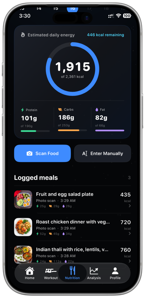 Nutrition dashboard with calorie and macro tracking