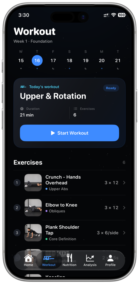 SuperAbs personalized workout screen